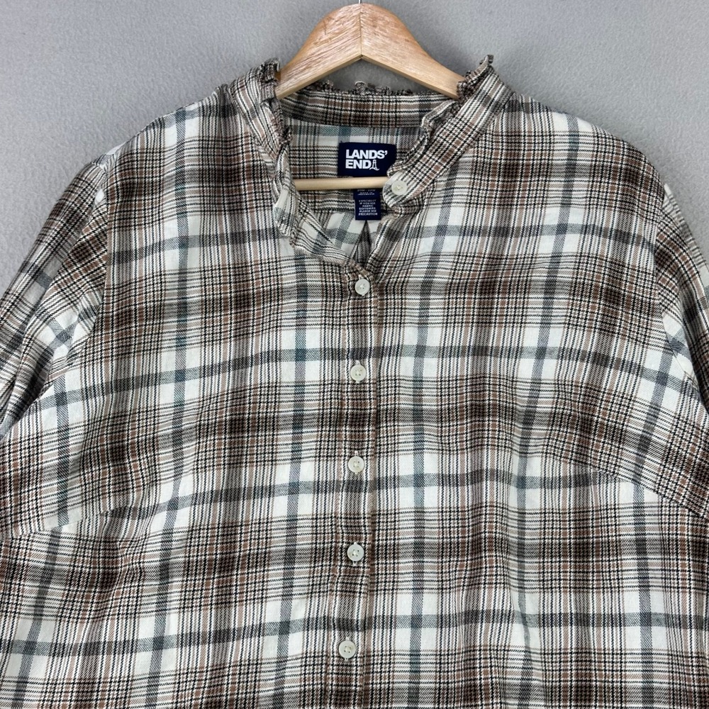 Lands End Ruffle Neck Flannel Shirt Womens 2X‎ Brown Plaid Long Sleeve Retro